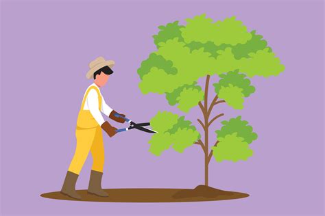 Cartoon Flat Style Drawing Gardener Trims Plant In Garden Man Cutting