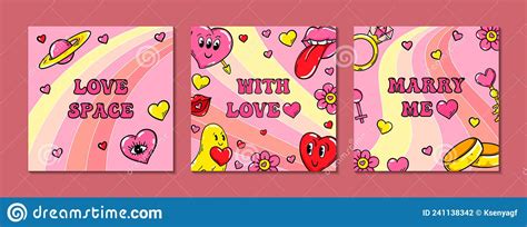 Set Of Square Trendy Love Posters With Cute Comic Illustrations Groovy