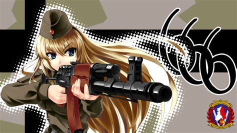 safebooru aiming ak 74 assault rifle blonde hair blue eyes east german garrison cap gun hat