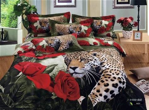 leopard red rose animal print bedding set queen size