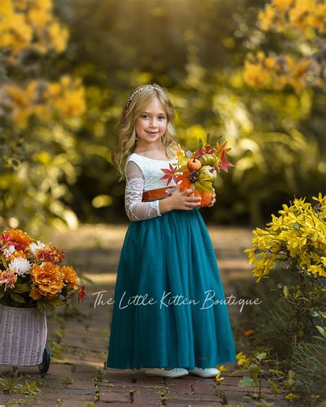Teal Tulle And White Lace Flower Girl Dress Perfect Long Sleeve