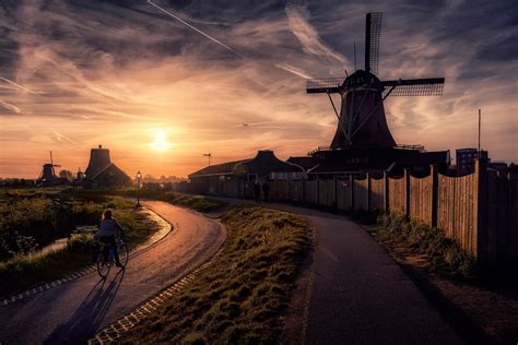 Pretty photos of the sun setting. sunset, Windmills, Road, Fence, Path, Building, Clouds, Netherlands Wallpapers HD / Desktop and ...
