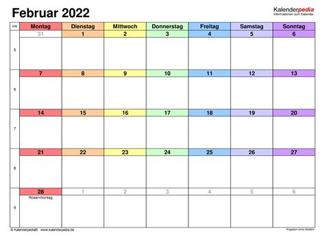 Kalender Februar 2022 Als Excel Vorlagen