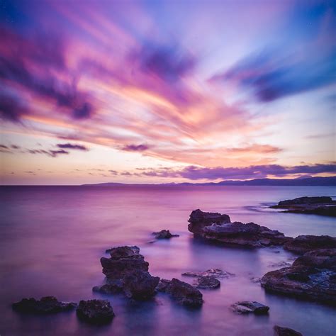Seascape Wallpaper 4k Sunset Horizon Purple Ocean