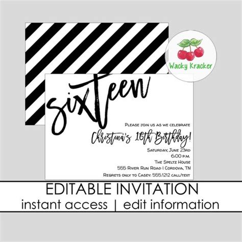 Editable Sweet 16 Birthday Invitation Red And Black Etsy
