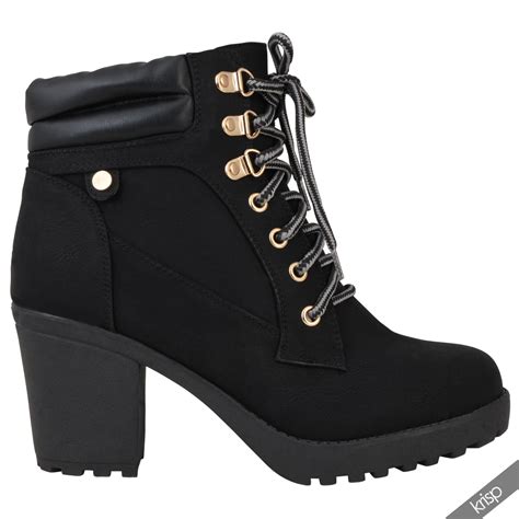 Womens Chunky Block High Heel Worker Ankle Boots Cleated Casual Combat
