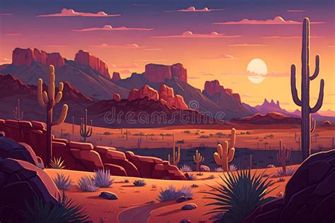 Desert With Cacti Landscape Of The Wild West Stock Illustration