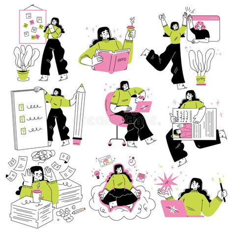 Woman On Freelance Working In Comfortable Conditions Vector Set Stock