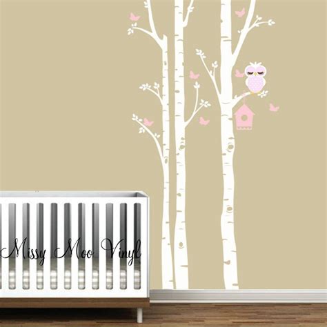 Children Vinyl Decal Birch Tree Decal With Cute Owl Lg Set Birch Trees