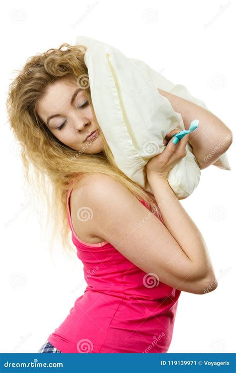 Sleepy Woman Hugging White Pillow Stock Image Image Of Hugging Isolated 119139971