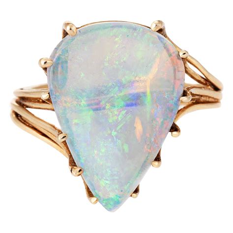 Natural Opal Diamond Ring Vintage 14 Karat White Gold Pear Shaped