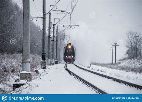 Old Locomotive Rides By Rail In Winter Public Transport Passenger