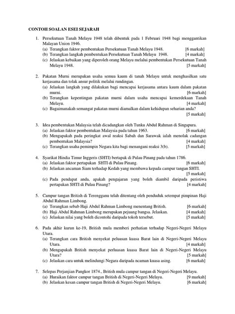 Sejarah Tingkatan 5 Perjanjian Malaysia Kertas 2 Soalan Esei
