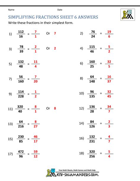Simplifying Fractions Sheet 6 Answers Simplifying Fractions