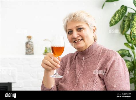 Beautiful Cute Old Woman Drinking Wine Close Up Stock Photo Alamy