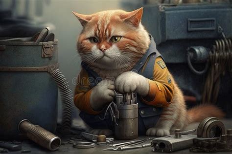 Mechanic Cat Working Job Profession Illustration Generative Ai Stock