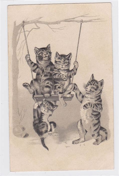 Vintage 1900s Embossed Cat Fantasy Postcard On The Swing K484