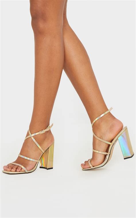 Gold Square Toe Block Heel Triple Strap Sandal Prettylittlething