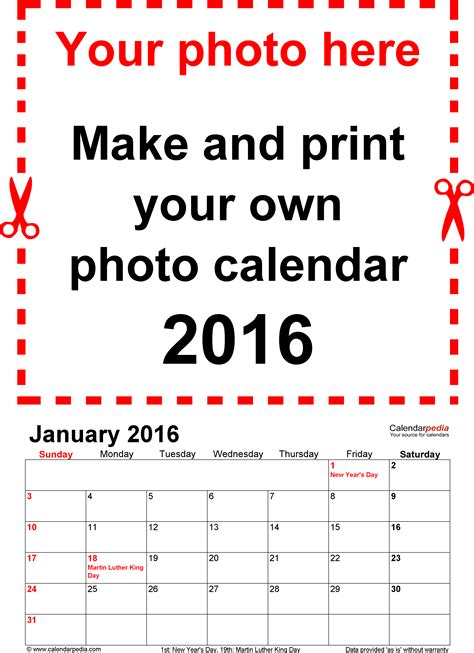 Photo Calendar 2016 Free Printable Word Templates