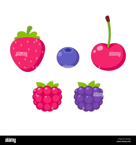 Simple Cartoon Berries Drawing Icon Set Cute Strawberry Raspberry