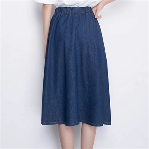 Women Denim Skirt 2018 Summer New Plus Size S Xxxl Elastic Waist Knee Length Female Cotton Skirt