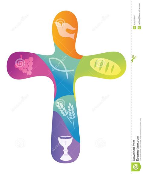 Rainbow Christian Cross With Various Symbols Stock Illustration
