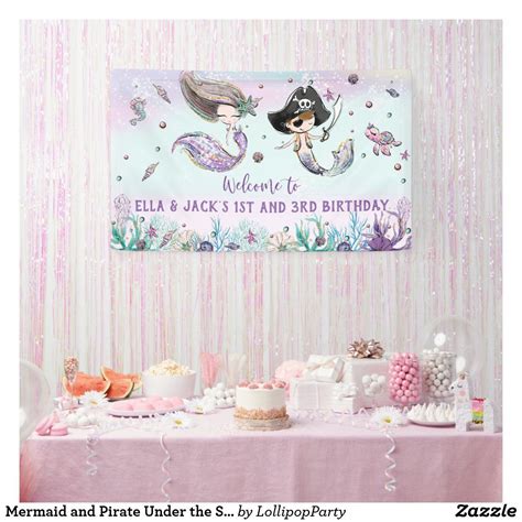 Mermaid And Pirate Under The Sea Birthday Backdrop Banner In 2022 Birthday