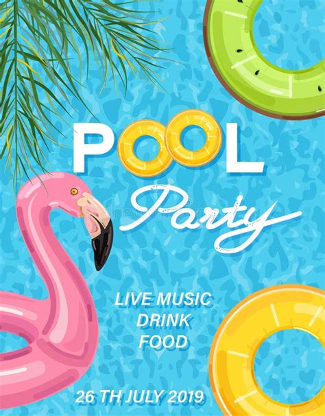 Summer Pool Party Poster With Flamingo Lifering Vector Summer Banner