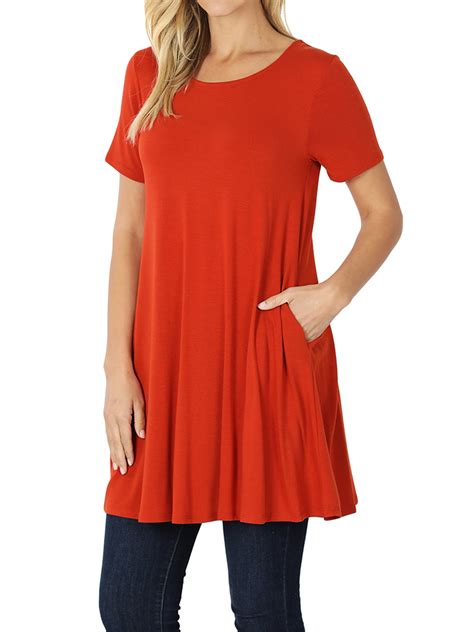 Women And Plus Round Neck Short Sleeve Long 33 Tunic Top With Side Pockets Copper L
