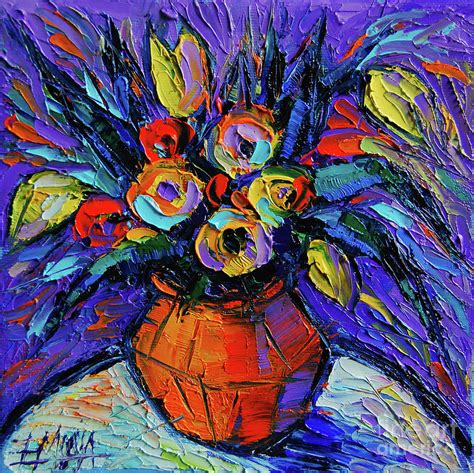 Spring Bouquet In Orange Vase Impasto Palette Knife Oil Painting