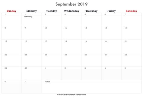 September 2019 Calendar Printable With Holidays
