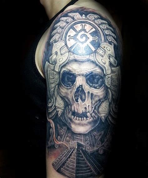 skull with mayan pyramid male half sleeve tattoo mayan tattoos aztec tattoos aztec tattoo