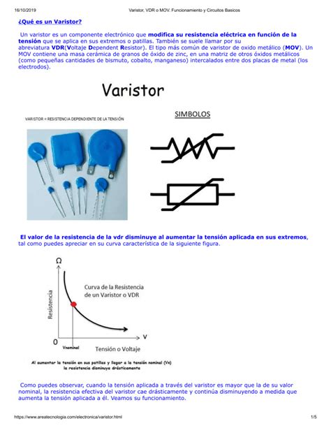 Varistor VDR O MOV Funcionamiento Y Circuitos Basicos