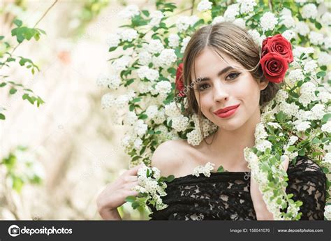 Pretty Girl With Fashionable Spanish Makeup Rose Flower In Hair Stock