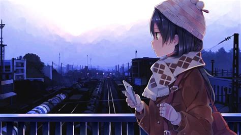 Wallpaper Train Station Scarf Anime Girl Winter Profile View