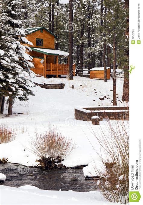 Modern Log Cabin Home In The Winter Woods Stock Image