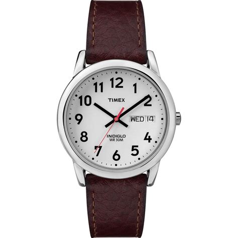 timex men s easy reader 35mm day date watch silver tone case white dial with dark brown