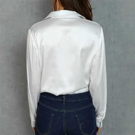 Fashion White Satin Silk Blouse Ladies Casual Long Sleeve Button Turndown Collar Silk Satin