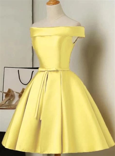 Beautiful Yellow Satin Off Shoulder Homecoming Dress Short Party Dress In 2020 Prom Dresses
