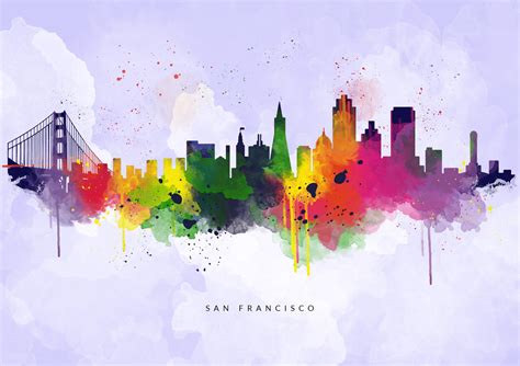 San Francisco Skyline Canvas Multi Color Purple Background Cityscape