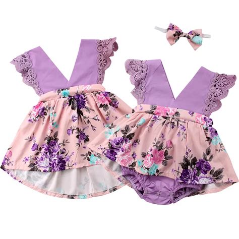 Cute Newborn Baby Girls Summer Clothes Sister Match Floral Lace Skirted