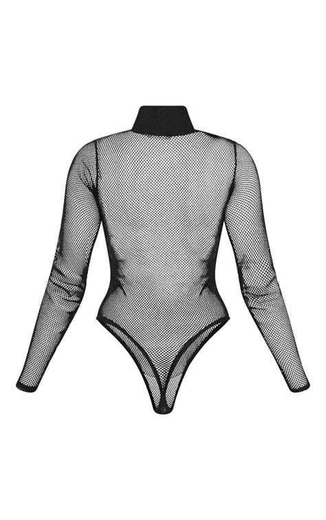 Black Fishnet Long Sleeve Bodysuit Tops Prettylittlething Usa