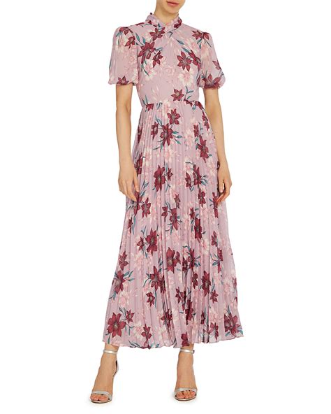 Ml Monique Lhuillier Floral Printed Puff Sleeve Pleated Midi Dress