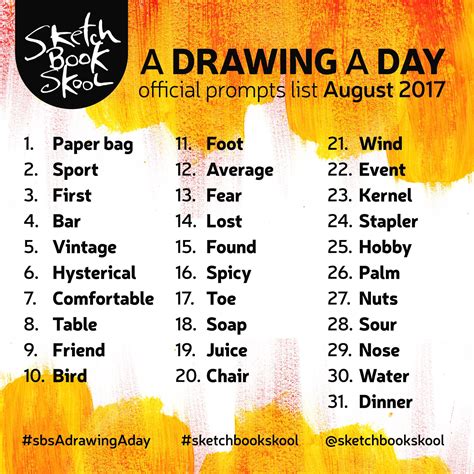 Here Are The Drawing A Day Challenge Prompts For The Month Of August