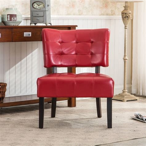 Red Leather Accent Chair Side Dining Chairs Tufted Wide Deep Seat