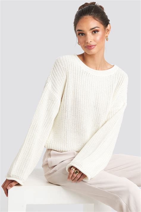 Cropped Boat Neck Knitted Sweater White Na