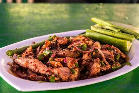 Hot And Spicy Grilled Pork Salad Nam Tok Moo Stock Image Image Of