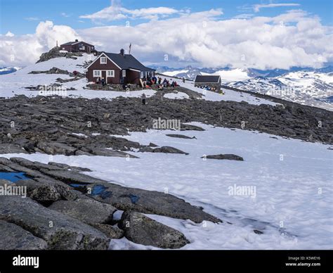 Mountain Hut On Top Of Mountain Fannaråken Snow Covered Peaks