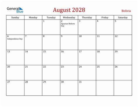 August 2028 Calendar With Bolivia Holidays