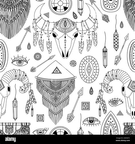 Vector Seamless Pattern With Boho Illustrations Bohemian Background